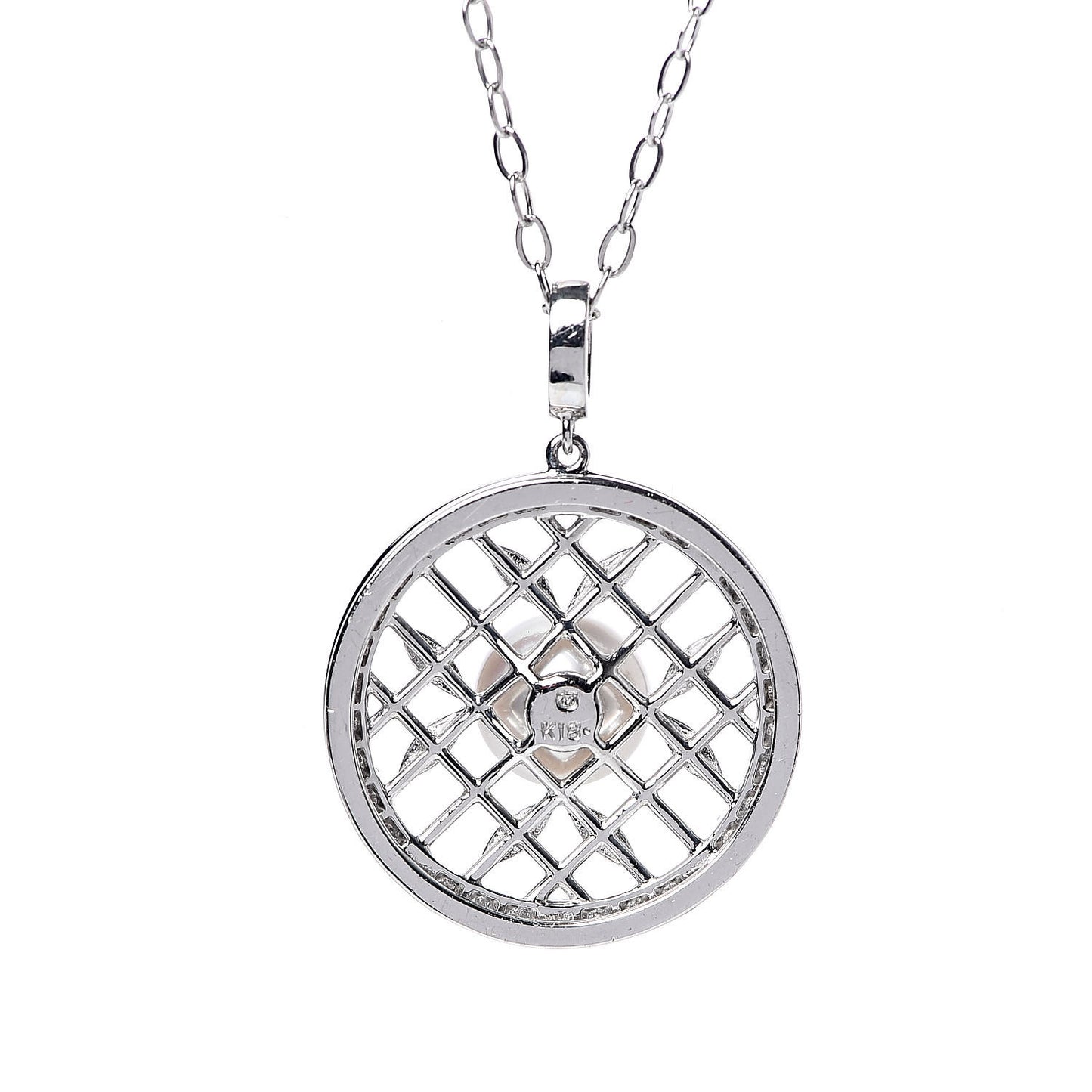 18K White Gold Diamond Akoya Pearl 7mm Circle Pendant Necklace