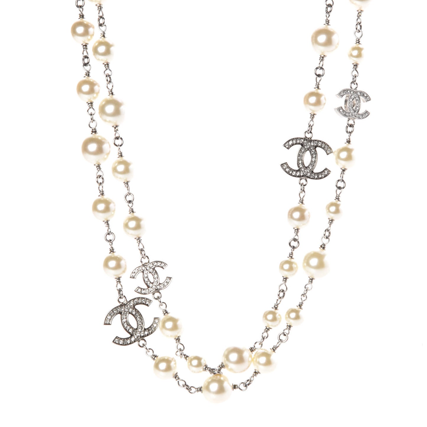 Crystal Pearl CC Long Necklace Silver