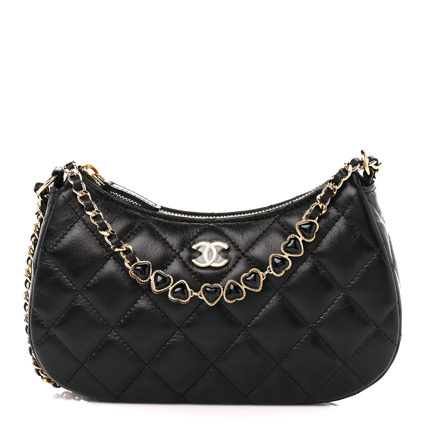 Shiny Crumpled Calfskin Quilted Enamel Heart Hobo Black