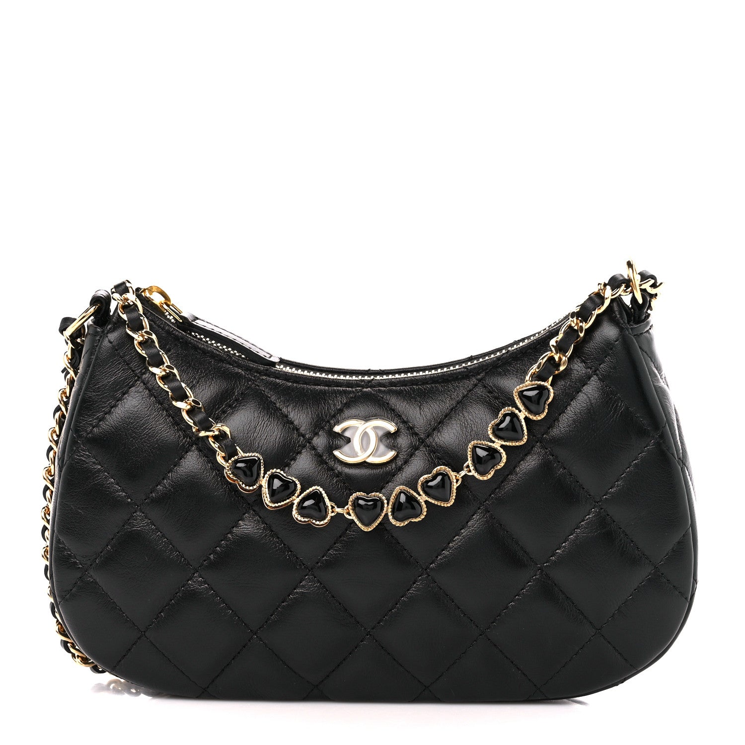 Chanel Shiny Crumpled Calfskin Quilted Enamel Heart Hobo Black 1 of 11