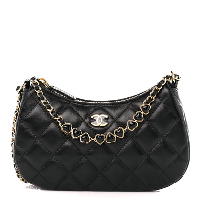 Chanel Shiny Crumpled Calfskin Quilted Enamel Heart Hobo Black 1 of 11
