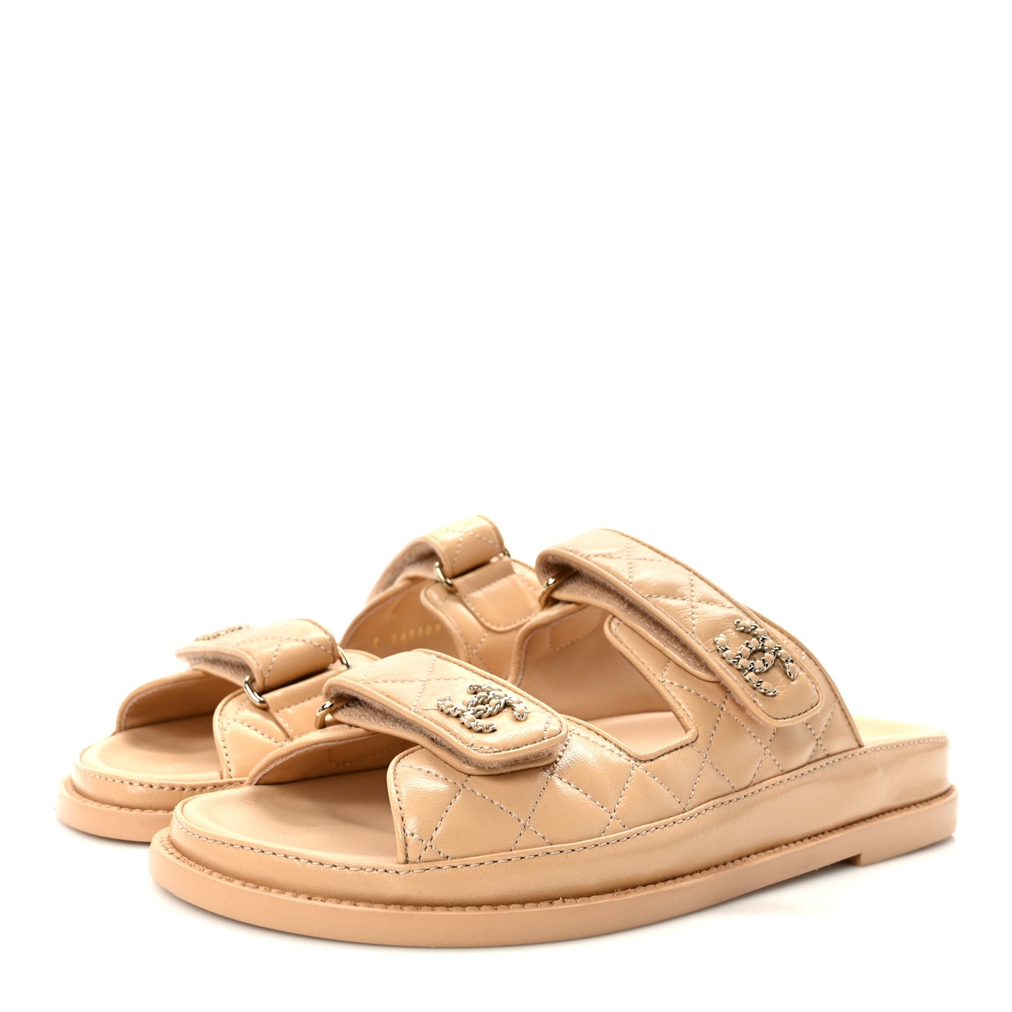Lambskin Quilted Velcro Dad Chain CC Slide Sandals 38.5 Beige