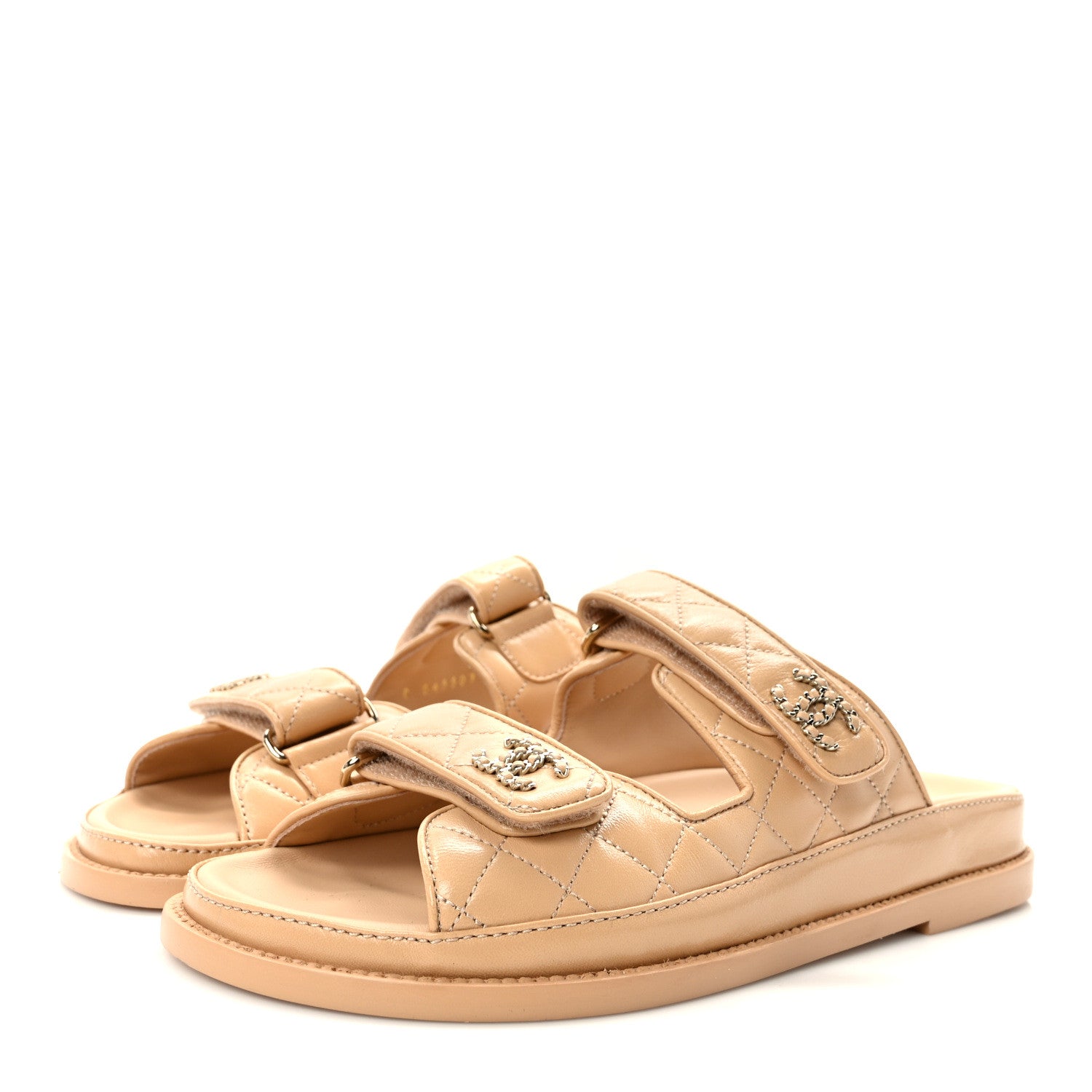 Chanel Lambskin Quilted Velcro Dad Chain CC Slide Sandals 38.5 Beige 3 of 9