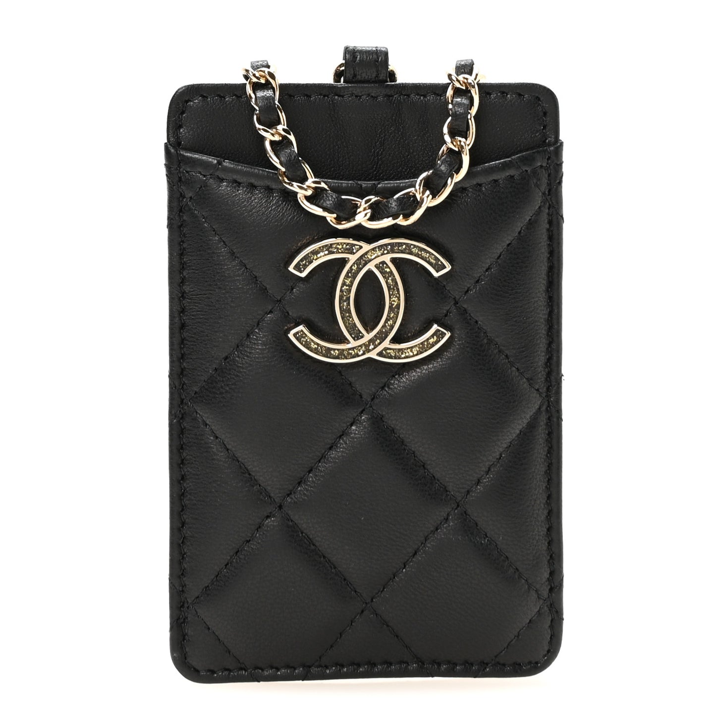 Lambskin Quilted Glitter Card Holder On Chain Black