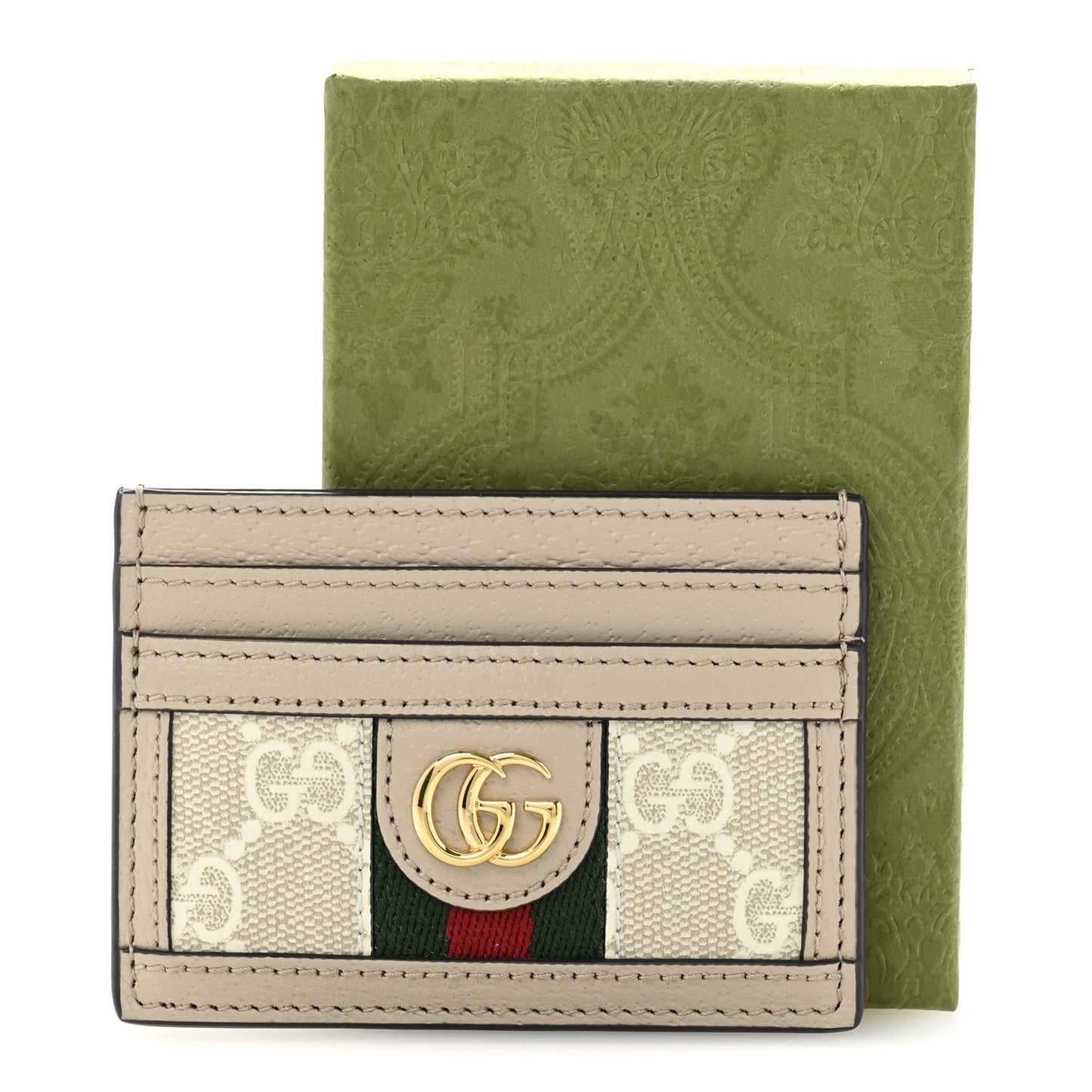 GG Supreme Monogram Textured Dollar Calfskin Web Ophidia Card Holder Beige Mystic White Oatmeal