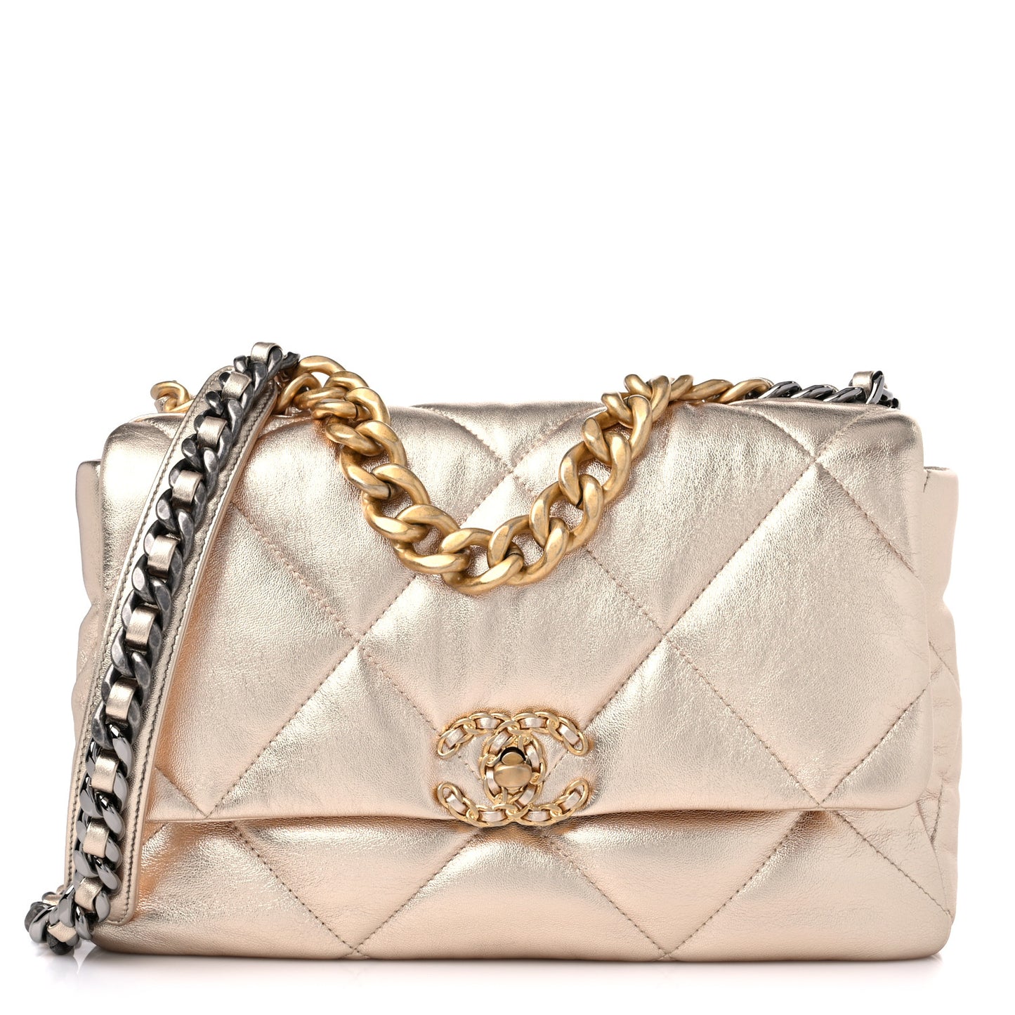 Metallic Lambskin Quilted Large Chanel 19 Flap Gold