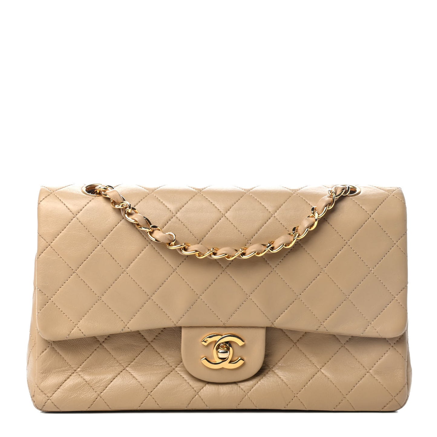 Lambskin Quilted Medium Double Flap Beige