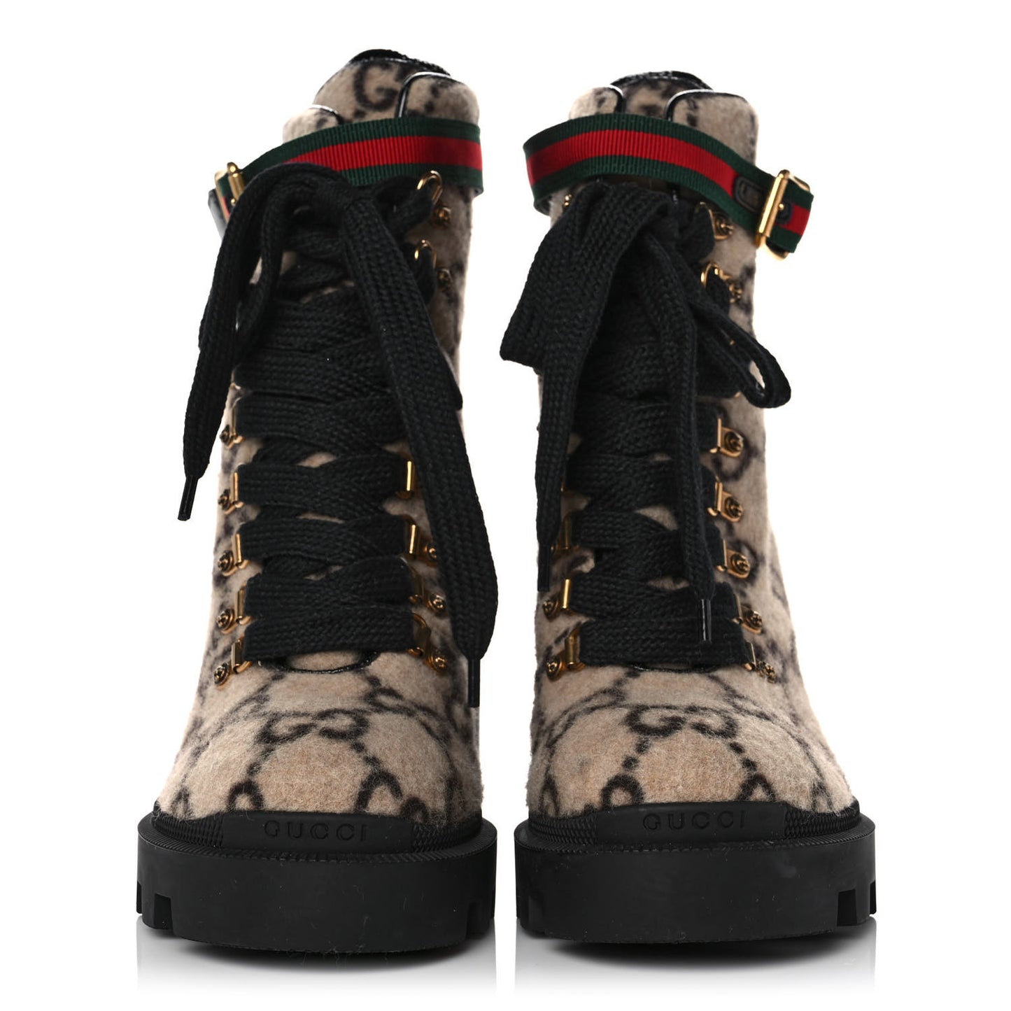 Covered Wool GG Monogram Womens Lace Up Combat Ankle Boots 38 Beige Ebony Black