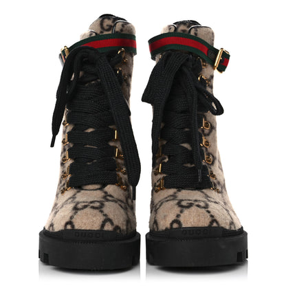 Gucci Covered Wool GG Monogram Womens Lace Up Combat Ankle Boots 38 Beige Ebony Black 2 of 9