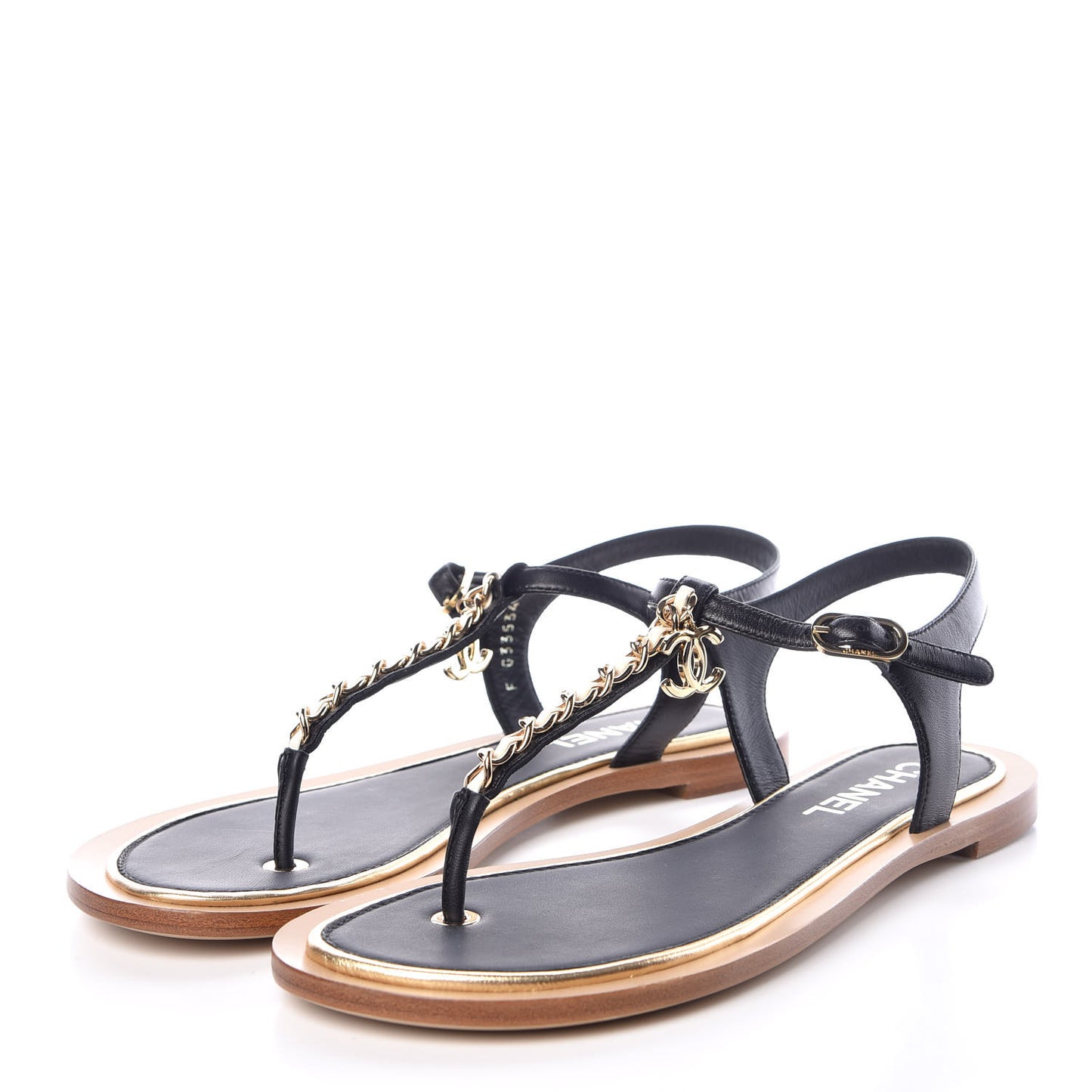 Lambskin Chain CC Thong Sandals 38.5 Black White