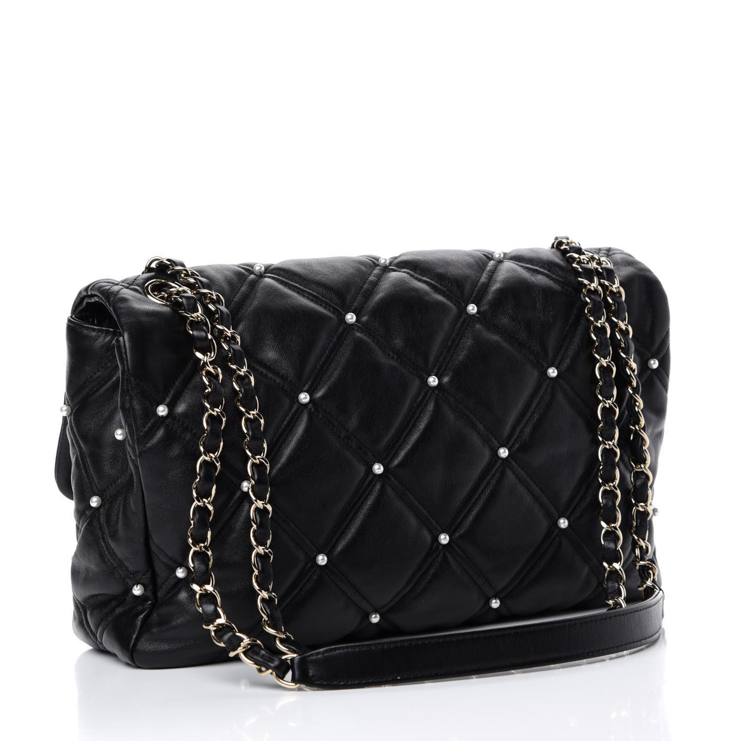 Lambskin Quilted Pearl Studded Flap Black
