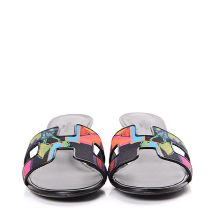 Hermes Cotton Canvas Tropical Modernisme Oasis Sandals 40 Black 2 of 11