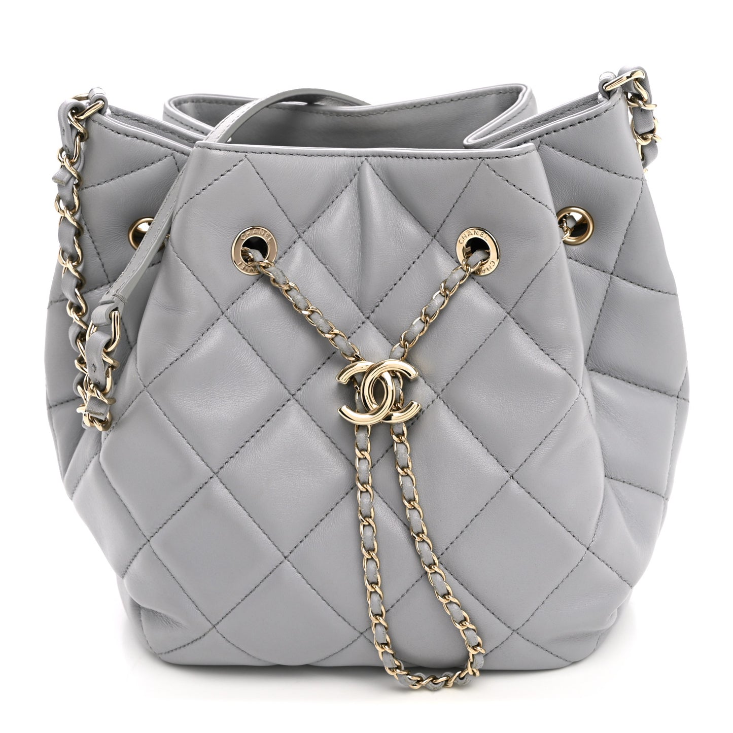 Lambskin Quilted CC Dweller Drawstring Bucket Bag Light Grey