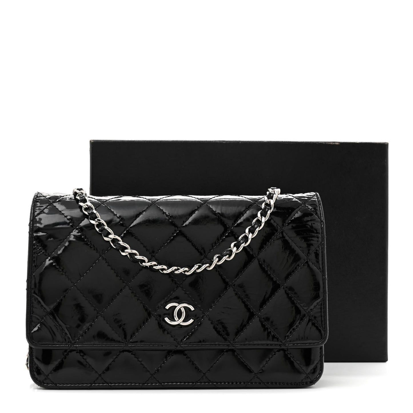 Patent Quilted Wallet On Chain WOC Black