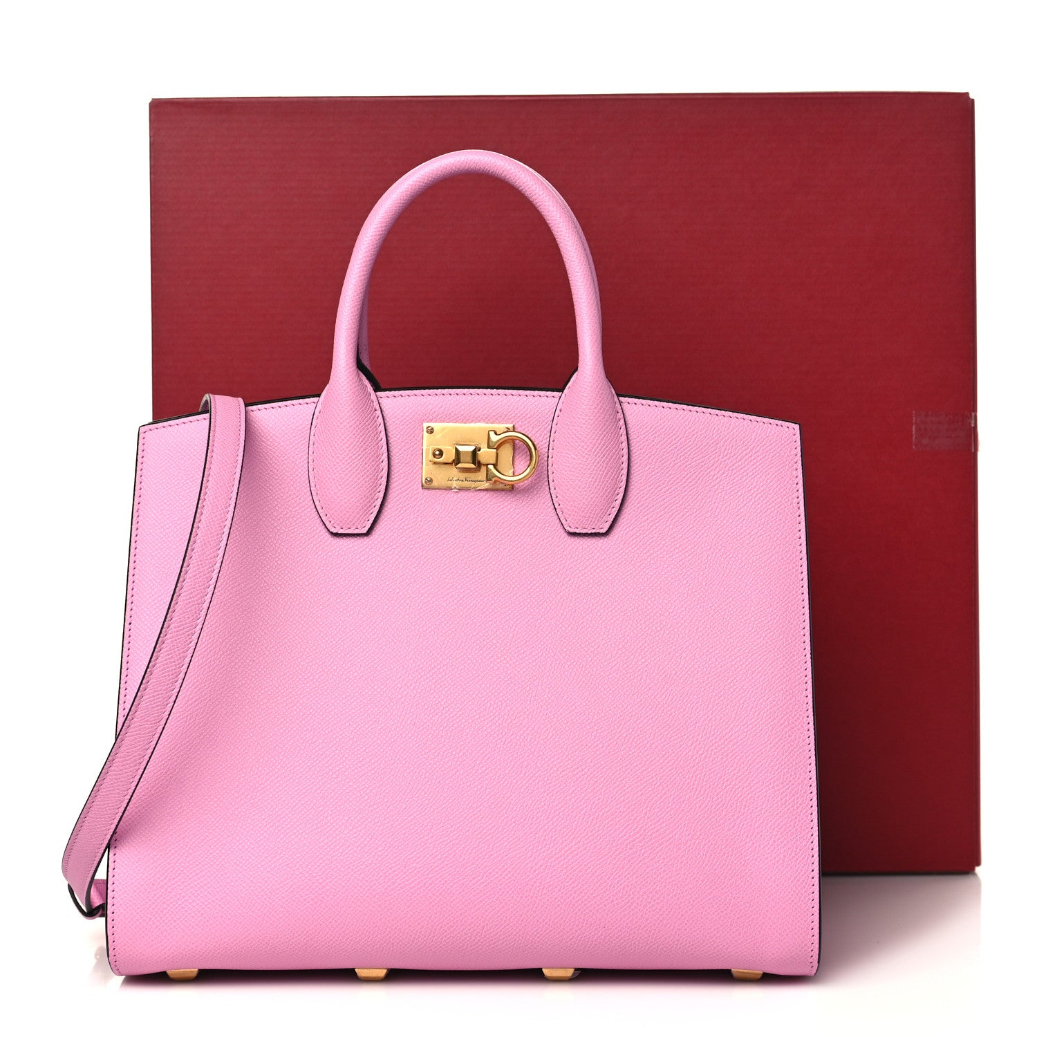 Salvatore Ferragamo Hammered Calfskin Medium The Studio Box Bag Flamingo 9 of 9
