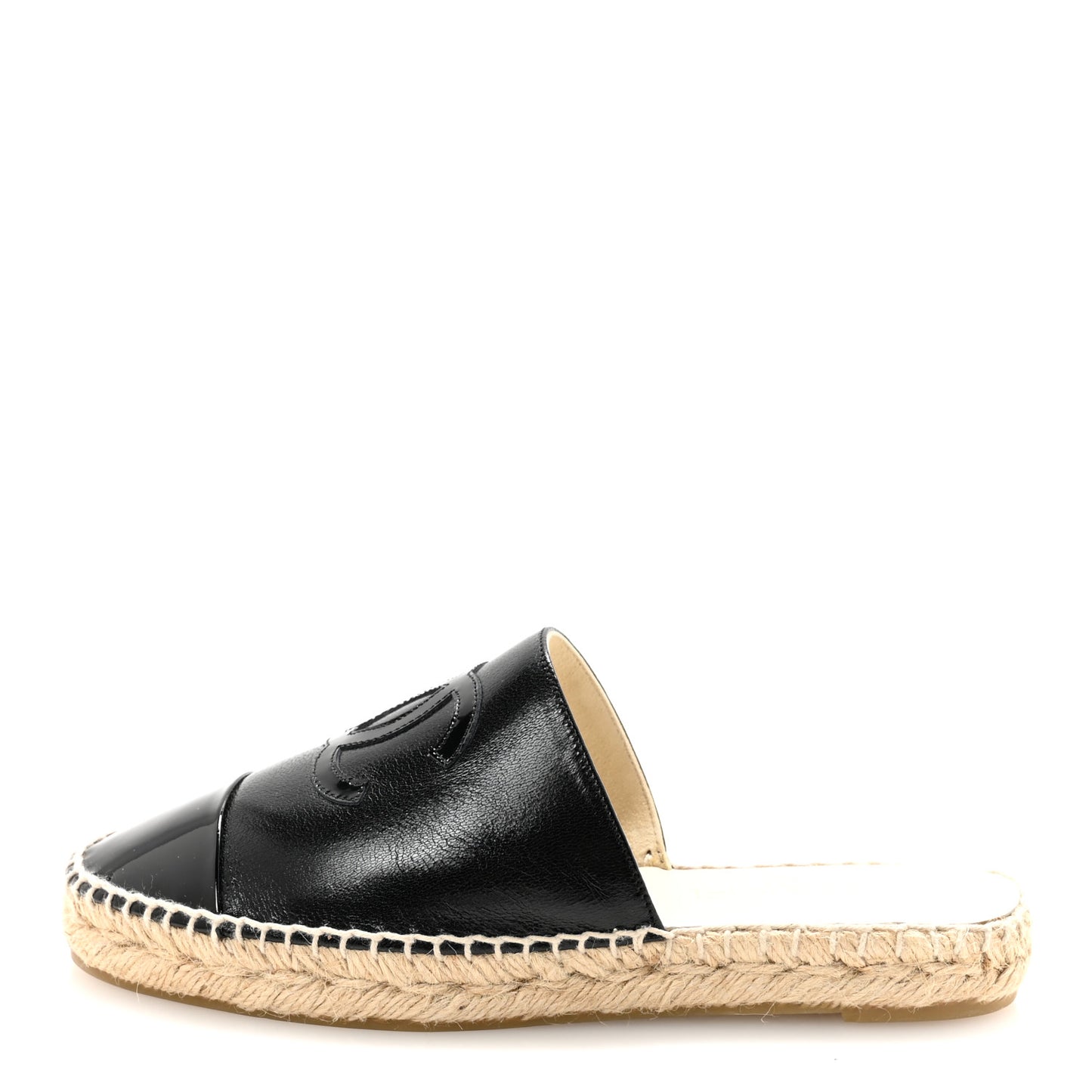 Iridescent Goatskin Patent CC Espadrille Mules 36 Black