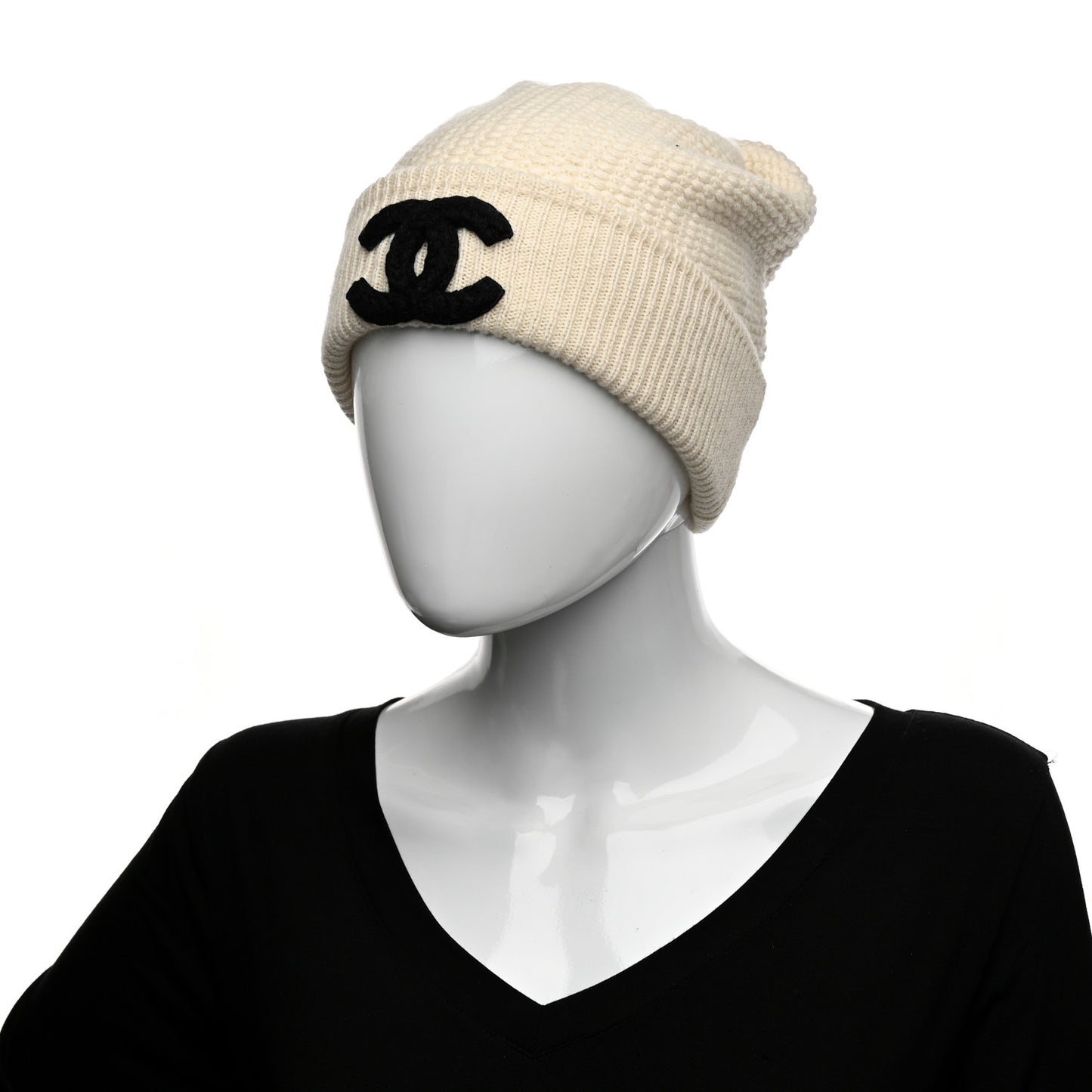 Wool Cashmere CC Beanie Hat Ivory Black