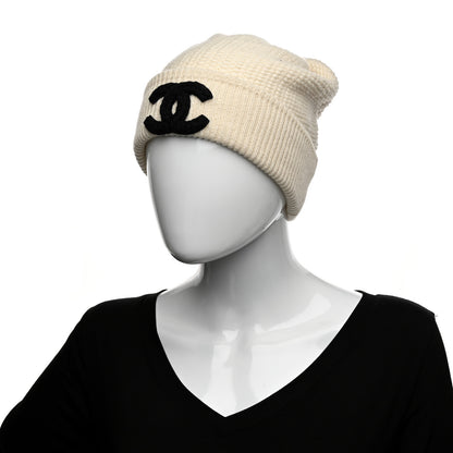 Chanel Wool Cashmere CC Beanie Hat Ivory Black 2 of 4