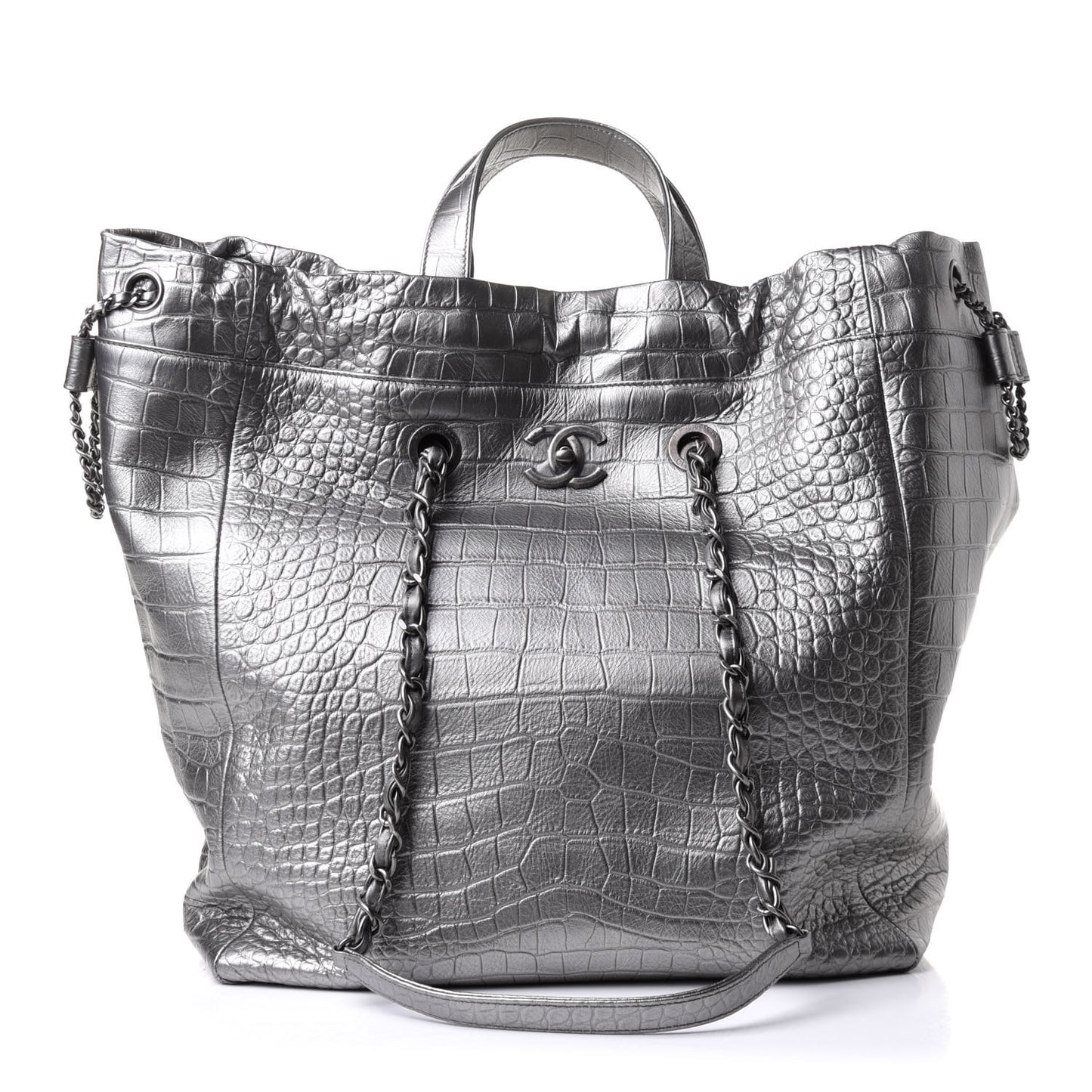 Calfskin Crocodile Embossed Large Shopping Tote Silver