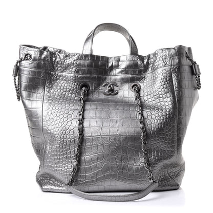 Chanel Calfskin Crocodile Embossed Large Shopping Tote Silver 1 of 11