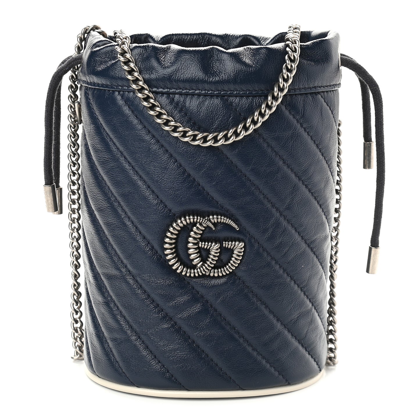 Vintage Effect Calfskin Matelasse Diagonal Mini Torchon GG Marmont 2.0 Bucket Bag Blue Agata Mystic White
