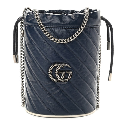 Gucci Vintage Effect Calfskin Matelasse Diagonal Mini Torchon GG Marmont 2.0 Bucket Bag Blue Agata Mystic White 1 of 9