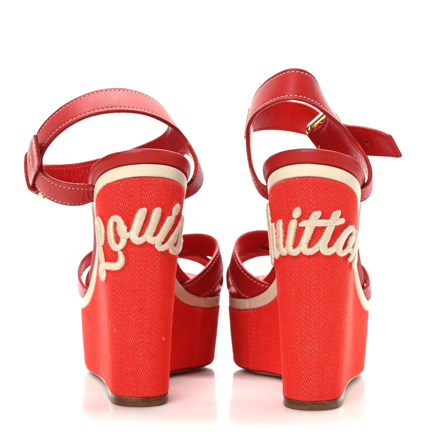 Louis Vuitton Canvas Waterfall Wedge Sandals 38.5 Red 5 of 9