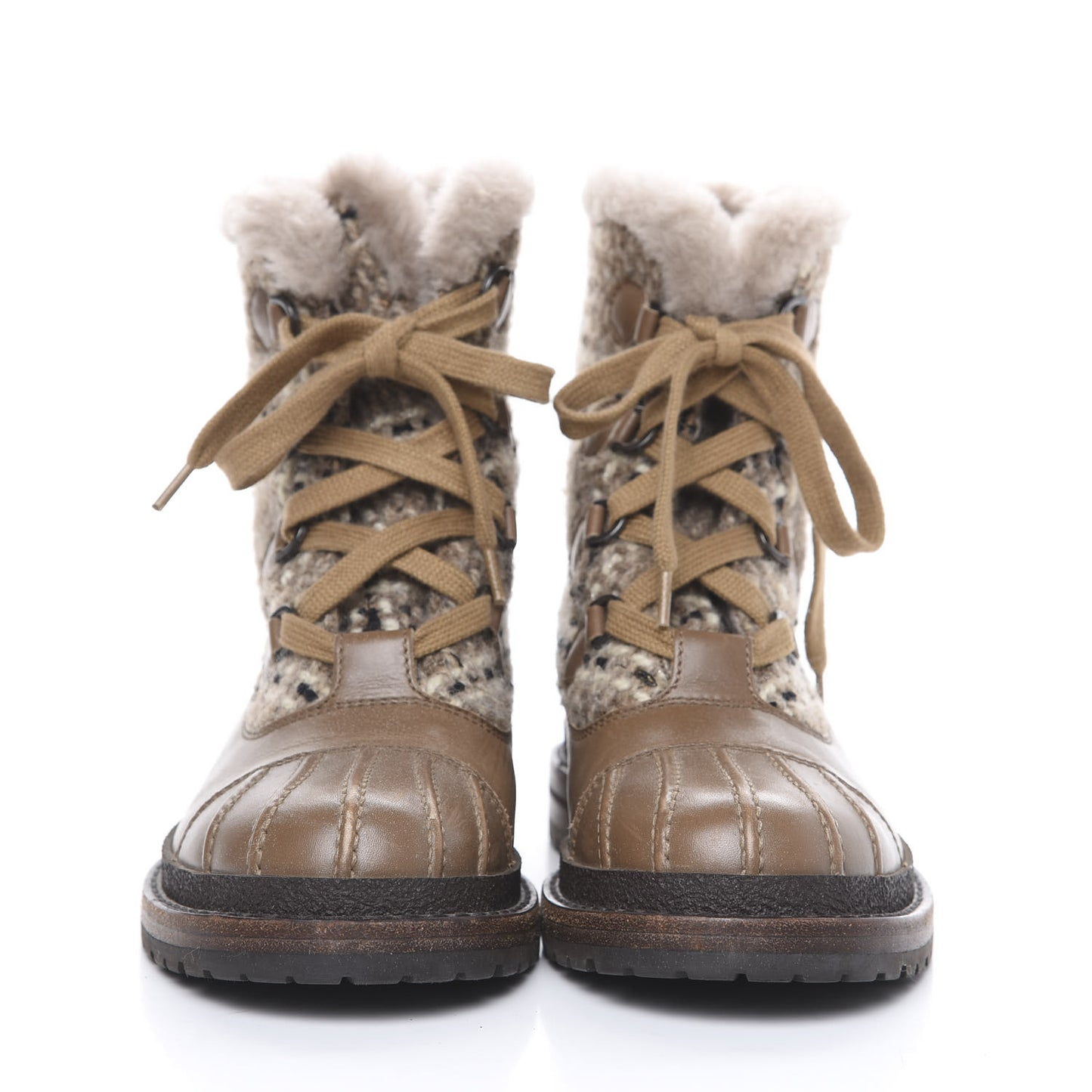 Tweed Shearling Lace Up Short Boots 38.5 Beige