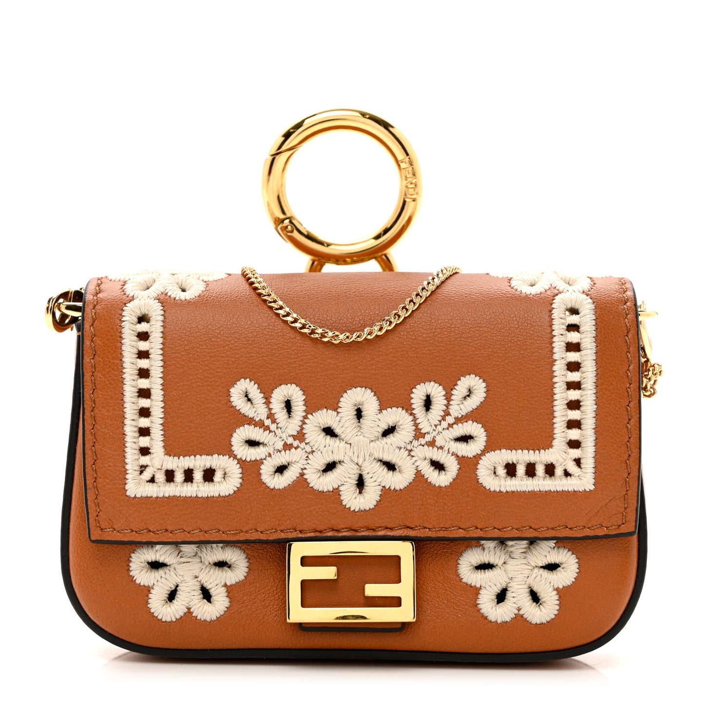 Shiny Nappa Vitello King Floral Ajour Embroidered Nano Baguette Charm Brandy