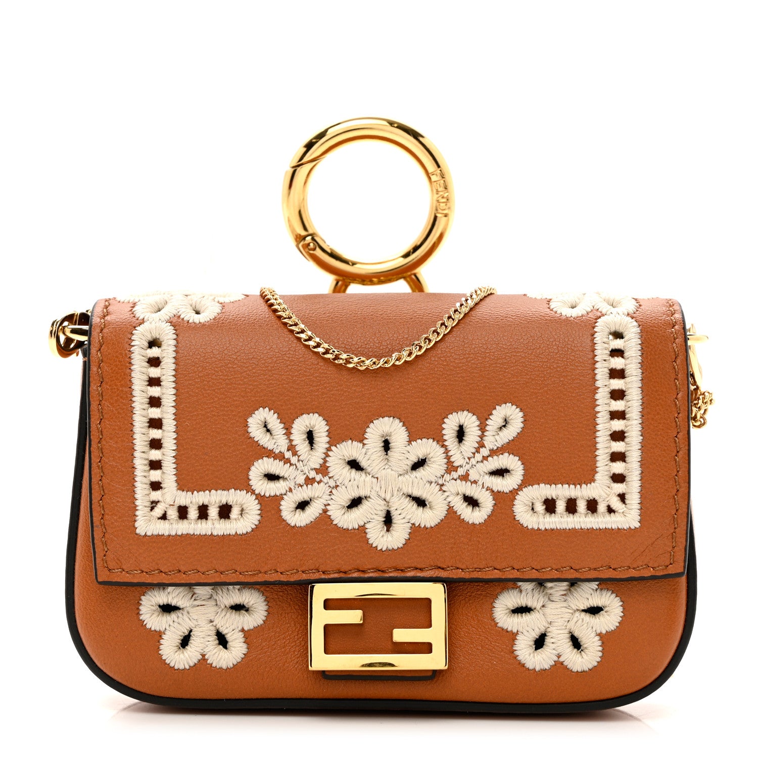 Fendi Shiny Nappa Vitello King Floral Ajour Embroidered Nano Baguette Charm Brandy 1 of 6