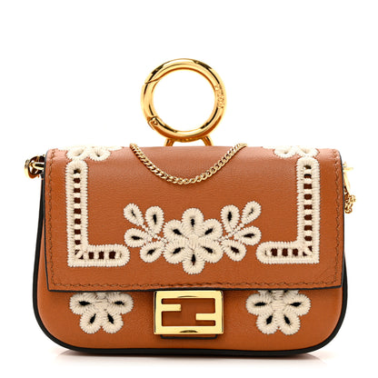 Fendi Shiny Nappa Vitello King Floral Ajour Embroidered Nano Baguette Charm Brandy 1 of 6