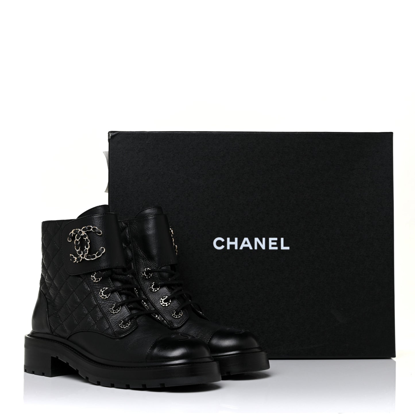 Shiny Lambskin Quilted Lace Up Combat Boots 38 Black