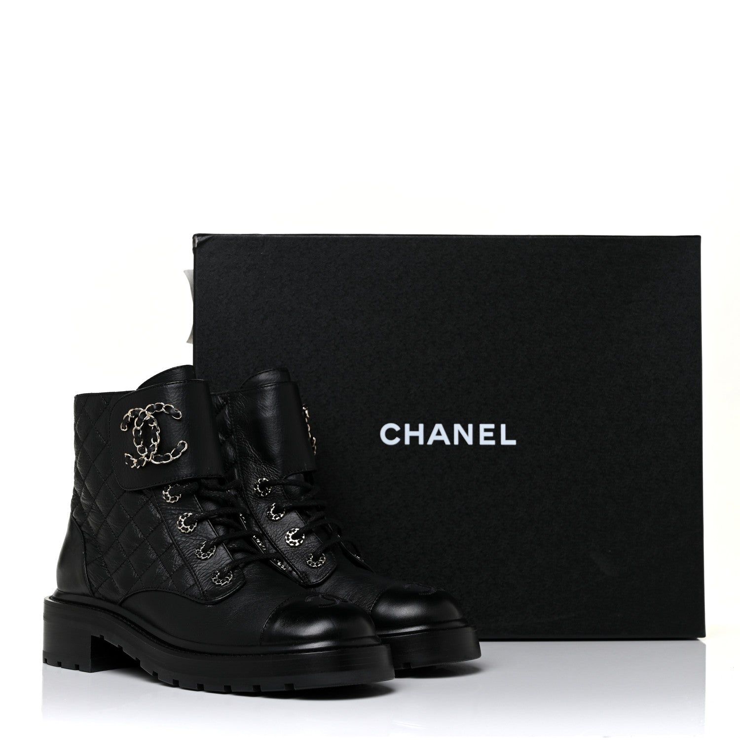Chanel Shiny Lambskin Quilted Lace Up Combat Boots 38 Black 10 of 10