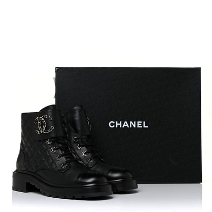 Chanel Shiny Lambskin Quilted Lace Up Combat Boots 38 Black 10 of 10