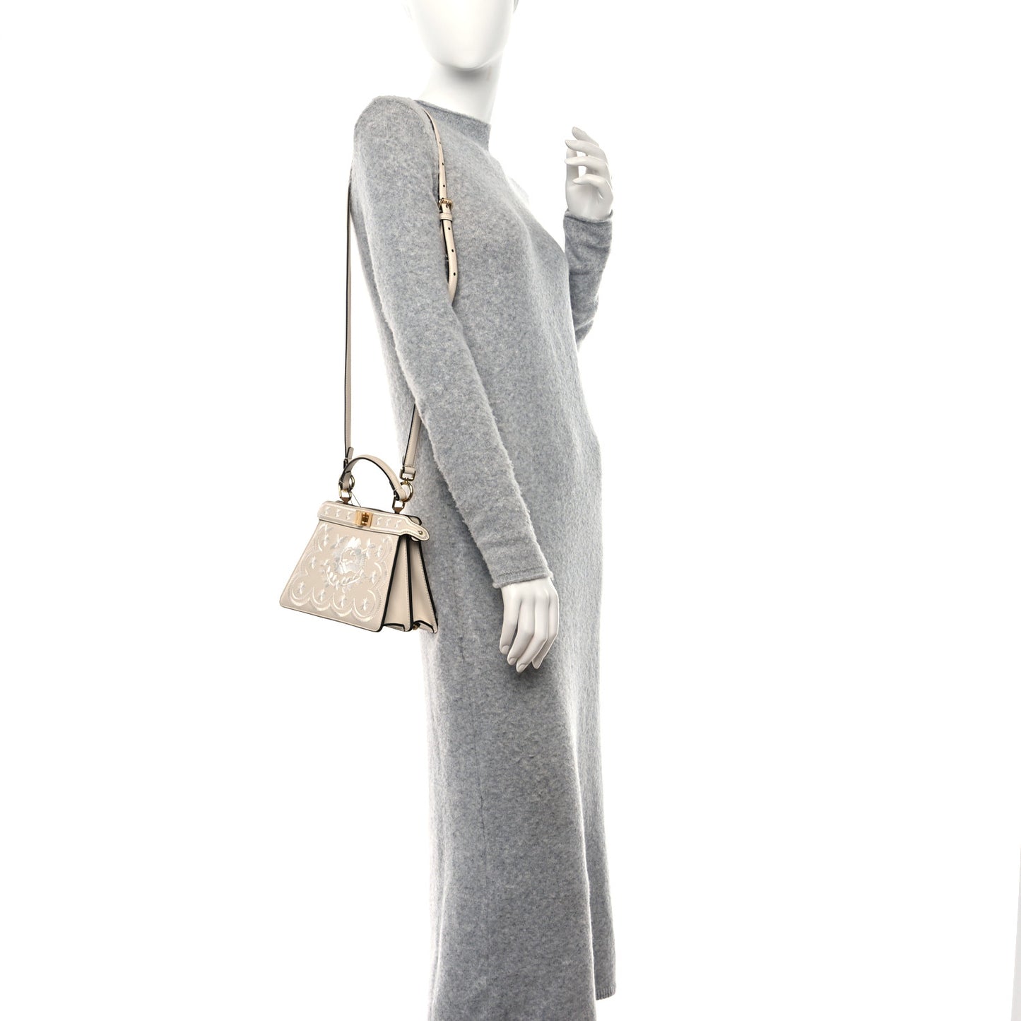 Vitello Seta Shiny Nappa Floral Embroidered Petite Peekaboo I SEE U Satchel Camelia White Ice