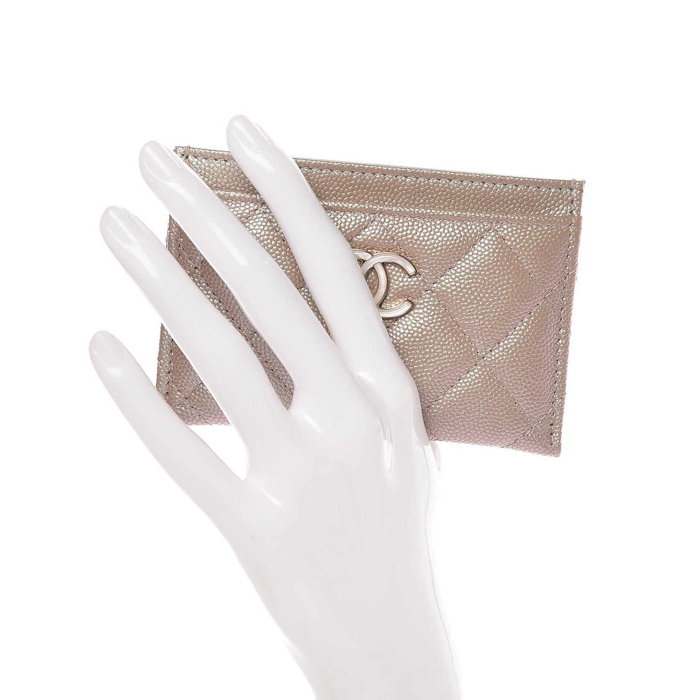 Iridescent Caviar Quilted Card Holder Beige