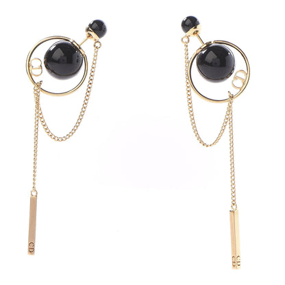 Christian Dior Pearl Tribales Dangle Chain Earrings Black Gold 1 of 4