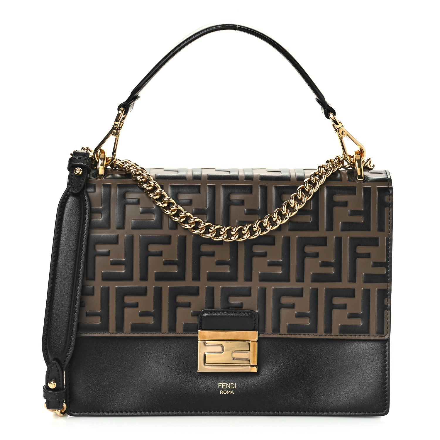 Fendi Vitello Liberty Bi-Color FF 1974 Embossed Chain Strap Kan U Shoulder Bag Black Maya 1 of 8