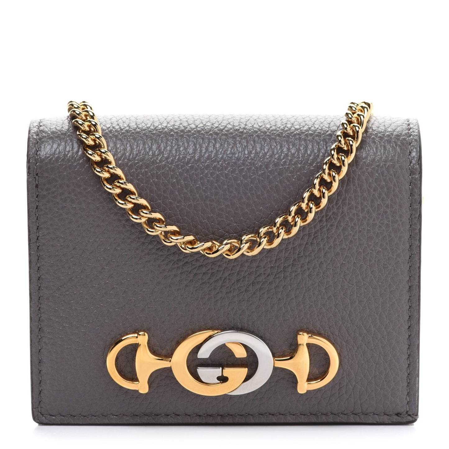 Grainy Calfskin Zumi Chain Card Case Wallet Dusty Grey