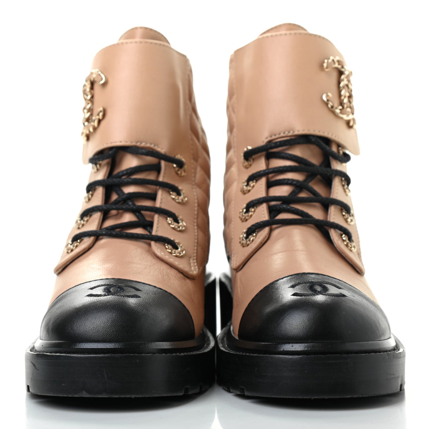 Shiny Lambskin Quilted Lace Up Combat Boots 41 Beige Black