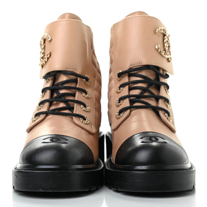 Chanel Shiny Lambskin Quilted Lace Up Combat Boots 41 Beige Black 2 of 8