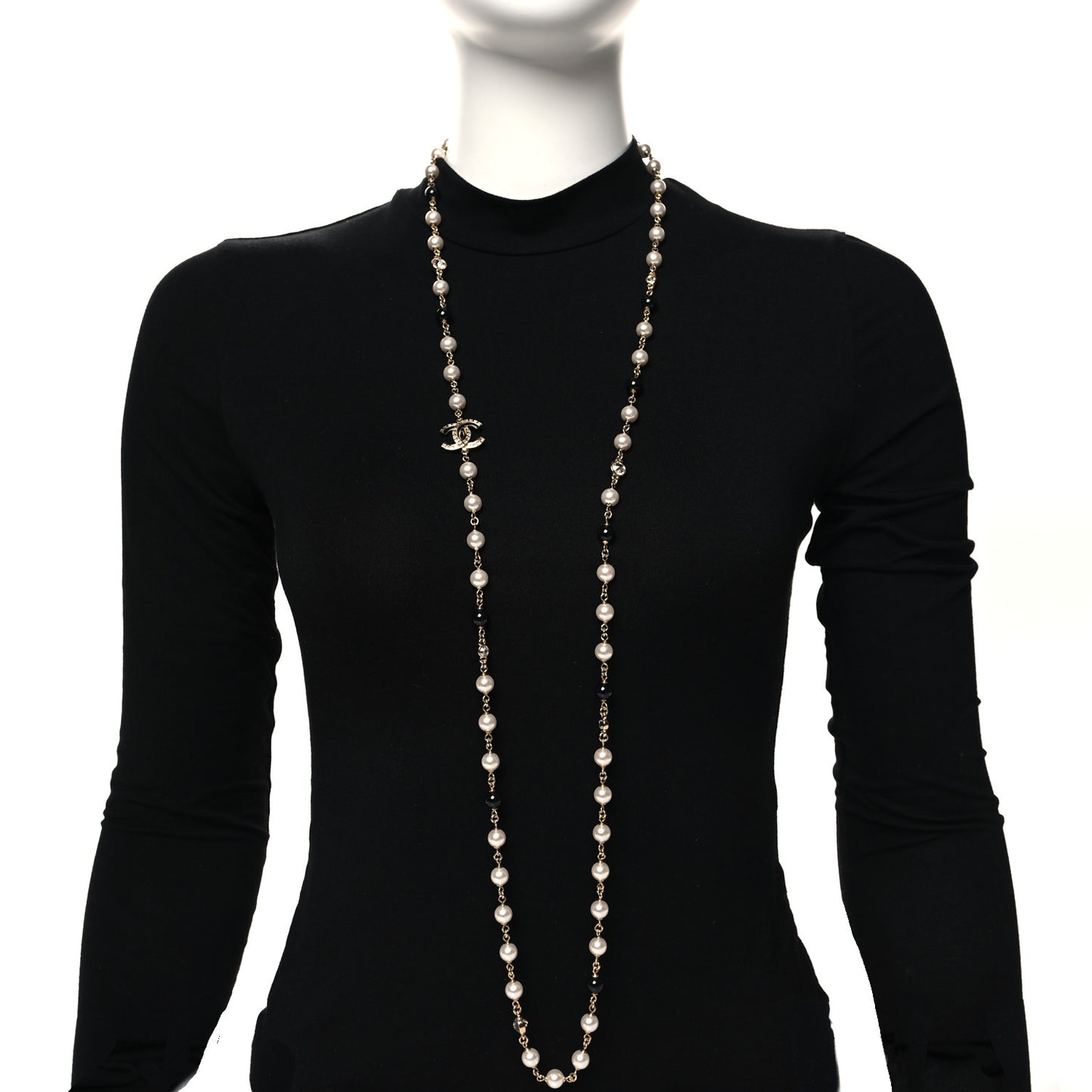 Pearl Baguette Crystal Enamel CC Long Necklace Gold Black
