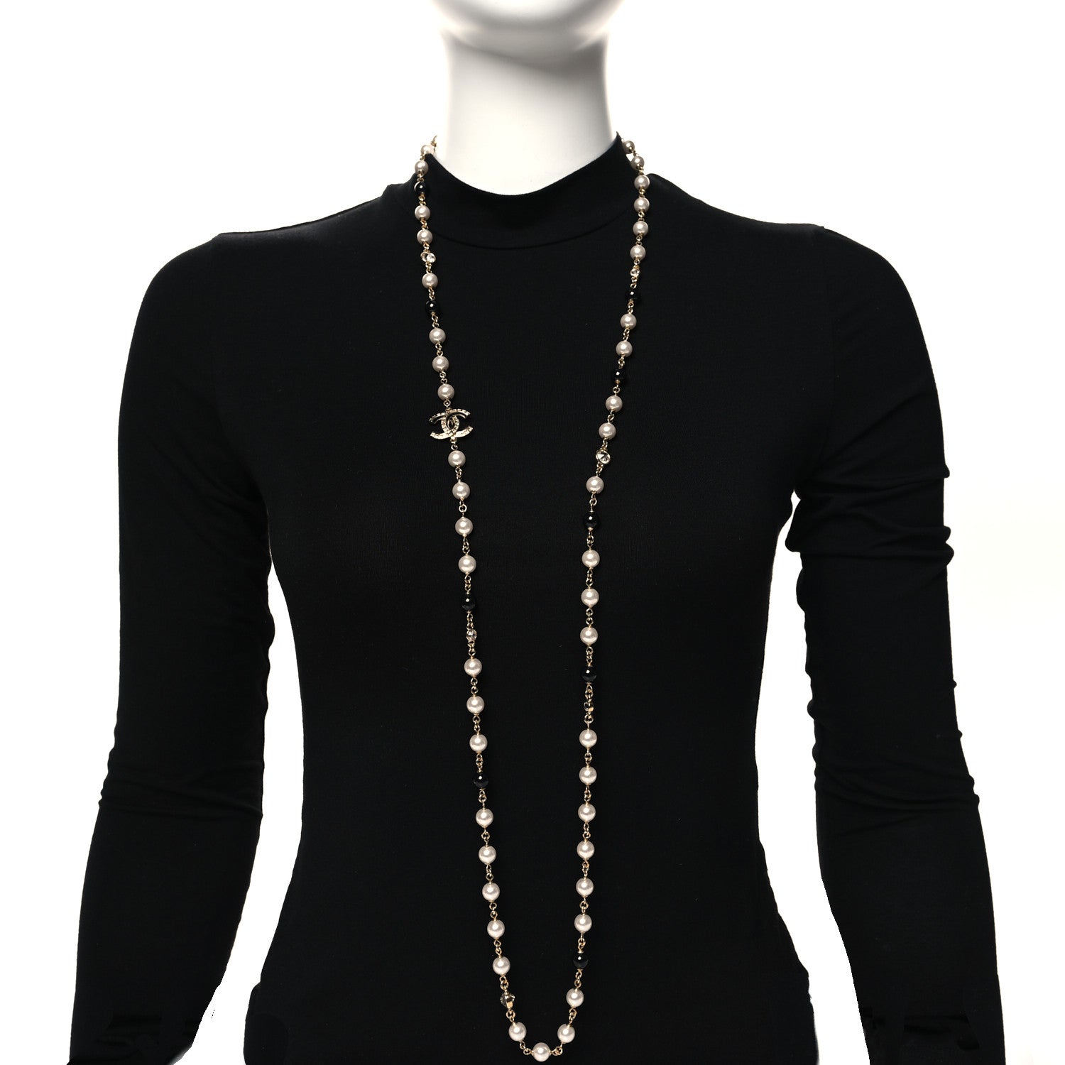 Chanel Pearl Baguette Crystal Enamel CC Long Necklace Gold Black 2 of 5