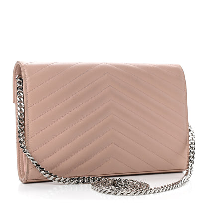 Saint Laurent Grain De Poudre Matelasse Chevron Monogram Chain Wallet Pale Pink 2 of 5