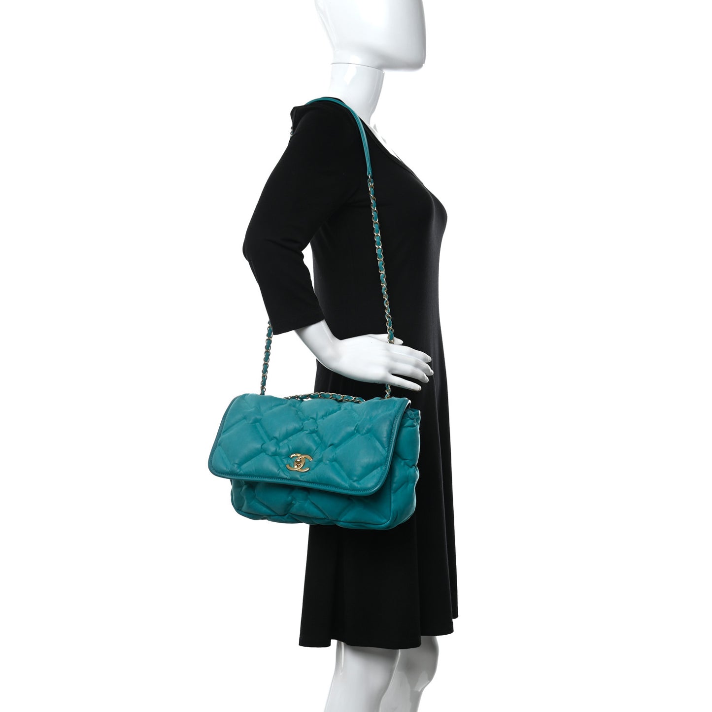 Iridescent Calfskin Quilted Small Chesterfield Flap Turquoise