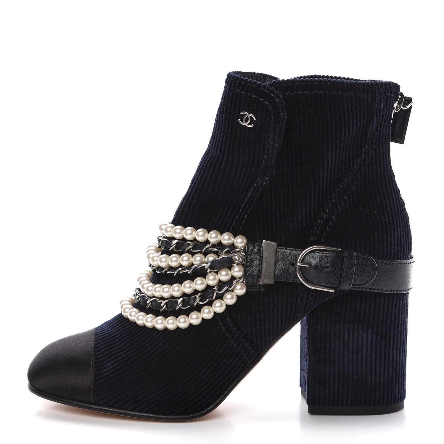 Chanel Velvet Satin Cap Cap Toe Short Boots 40 Navy Black 1 of 11