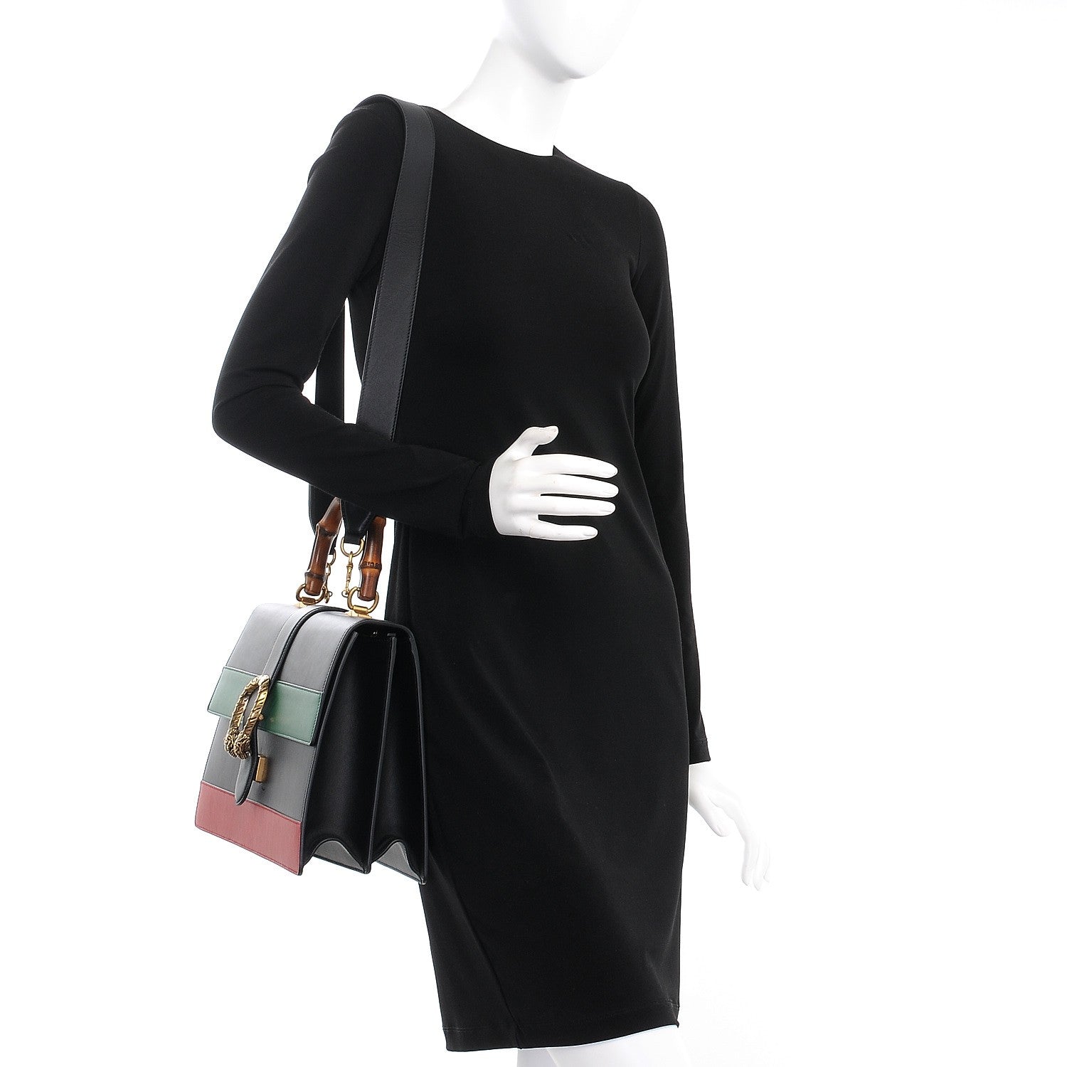 Gucci Calfskin Bamboo Web Large Dionysus Top Handle Bag Black Bright Evergreen Hibiscus Red 4 of 12