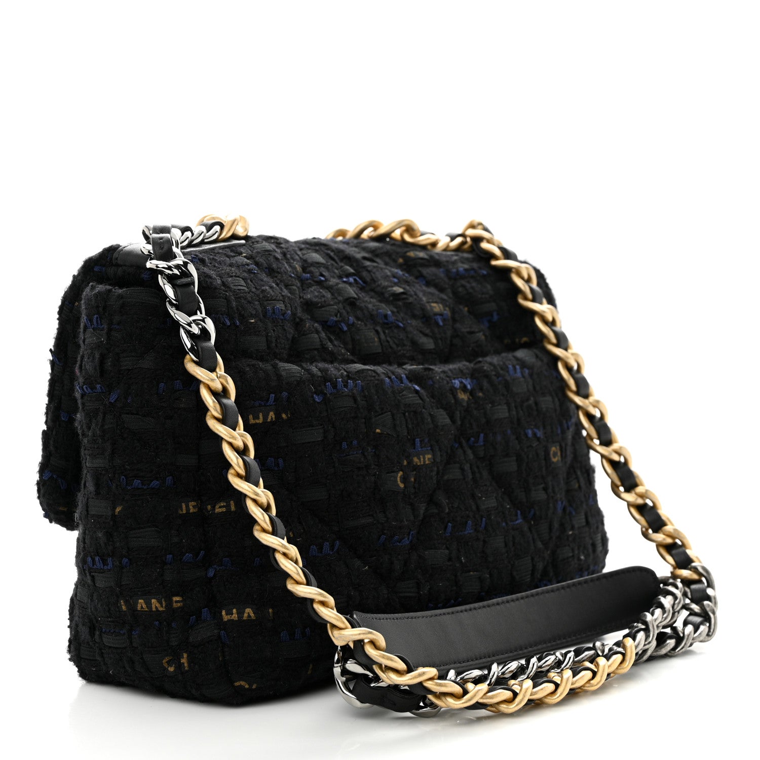 Chanel Tweed Quilted Medium Chanel 19 Flap Black Navy Gold 3 of 10