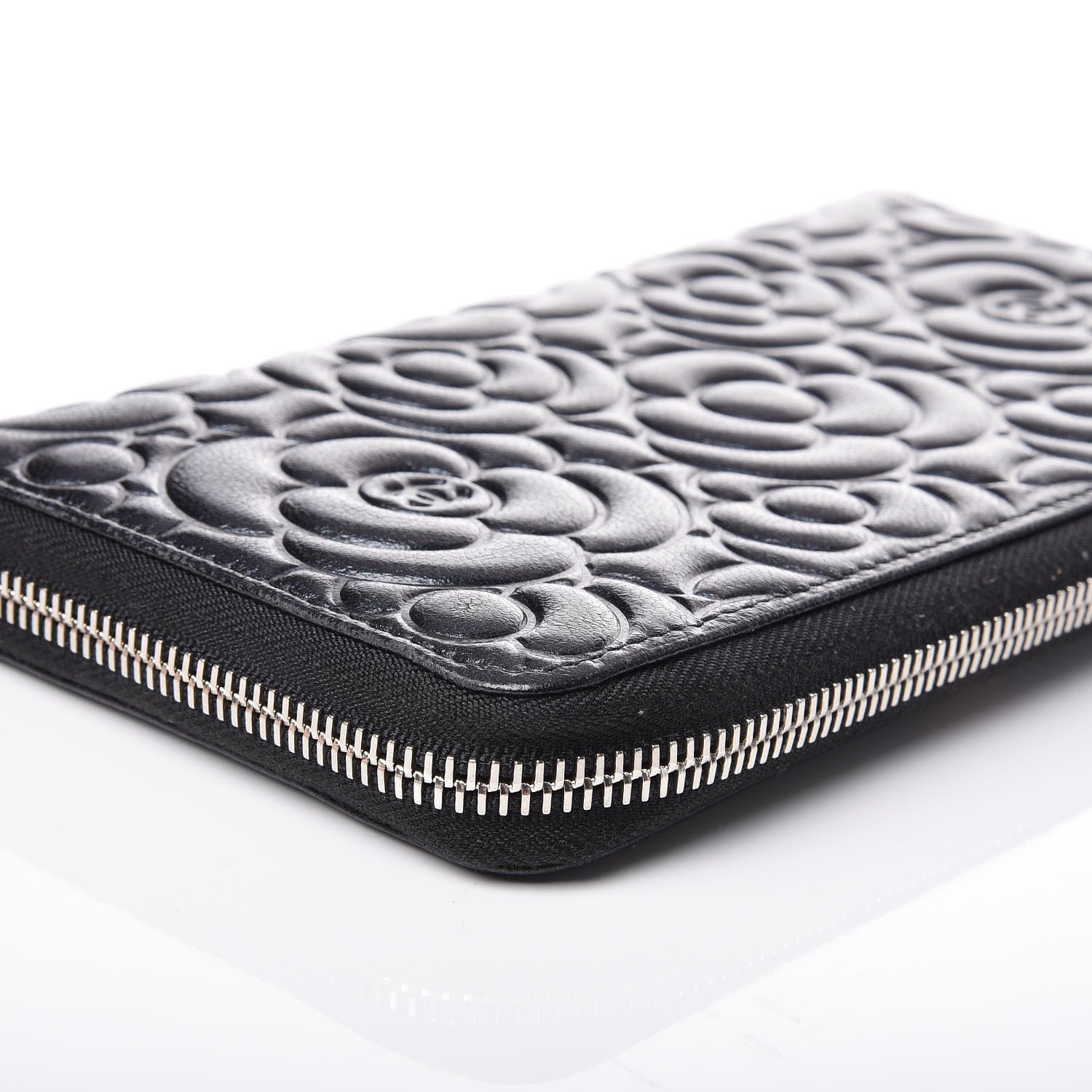 Chanel Lambskin Camellia Embossed Large Zip Around Gusset Wallet Black 13 of 14