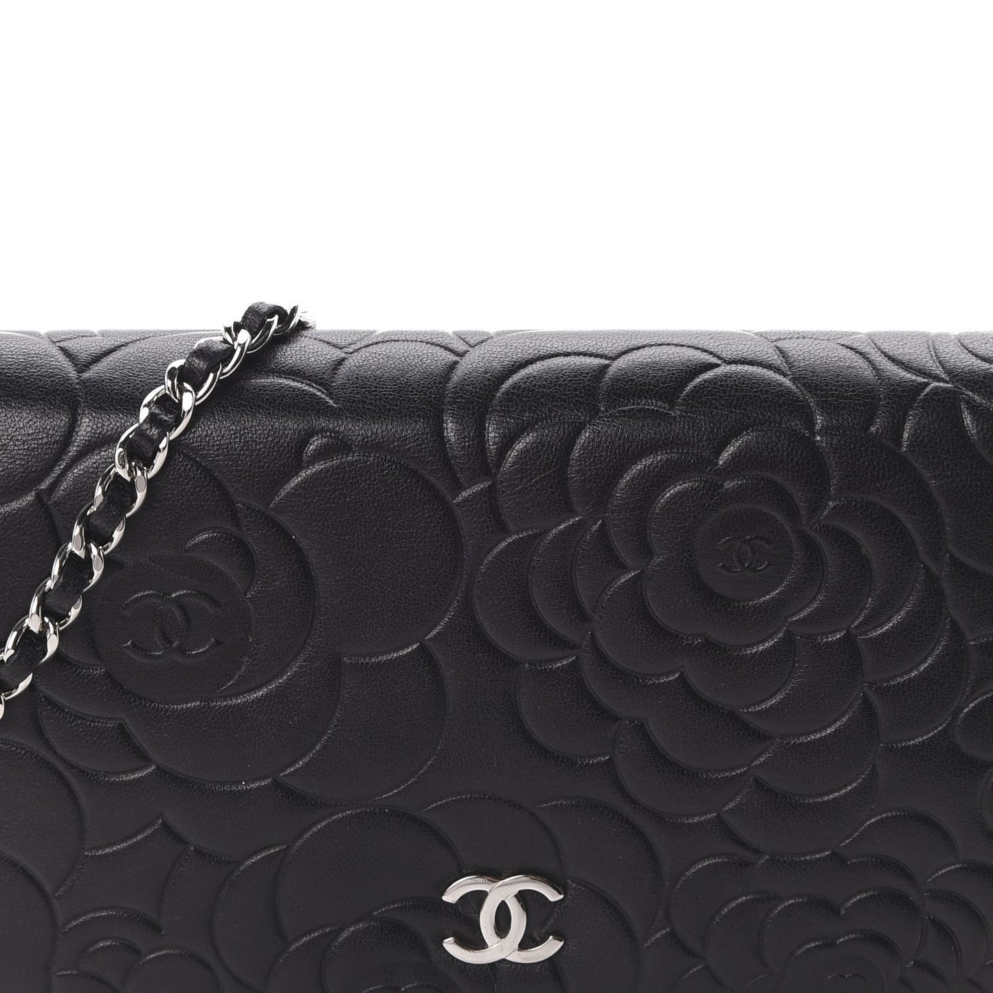 Lambskin Camellia Embossed Wallet on Chain WOC Black